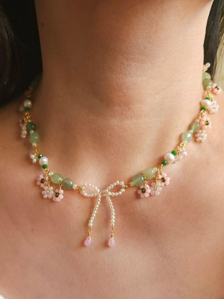 Jade Garden Pearl Bow Necklace